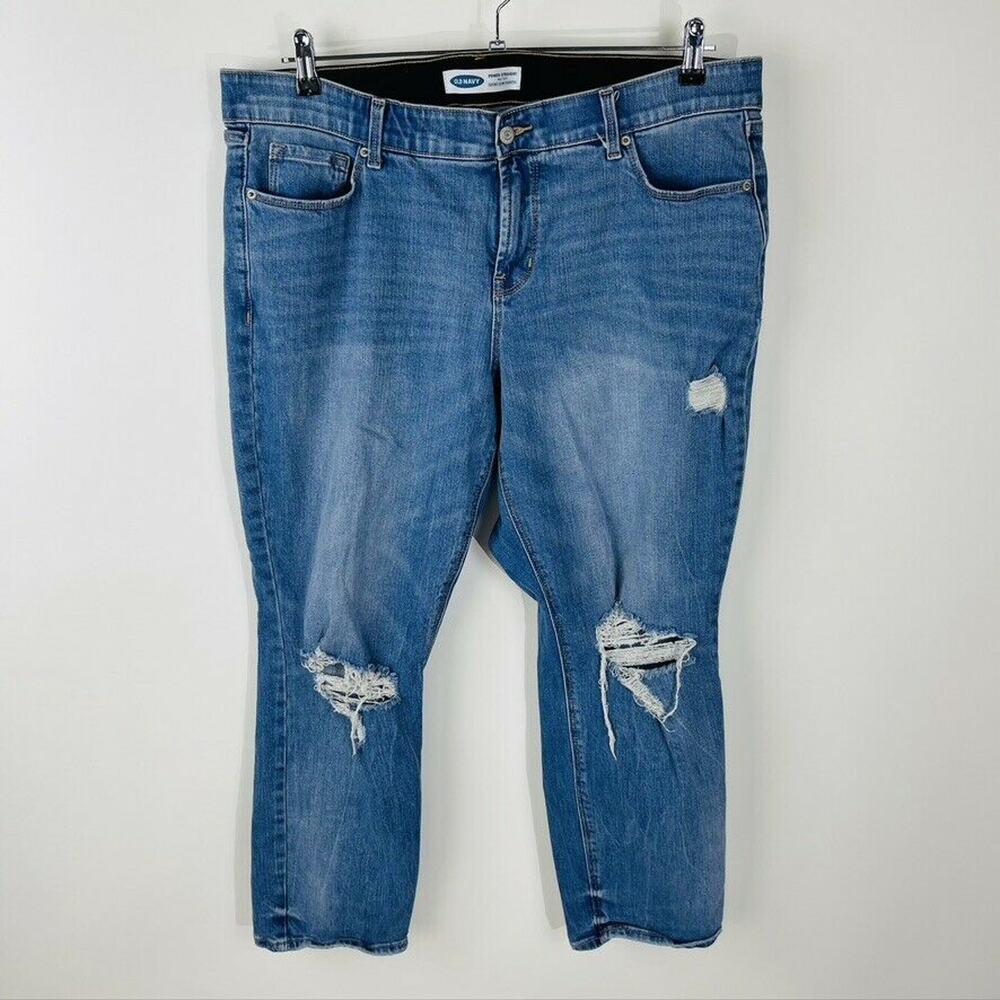 Old Navy Womans Sz 18 Power Straight Jeans Blue Pockets Distressed Comfort Waist - Picture 2 of 7